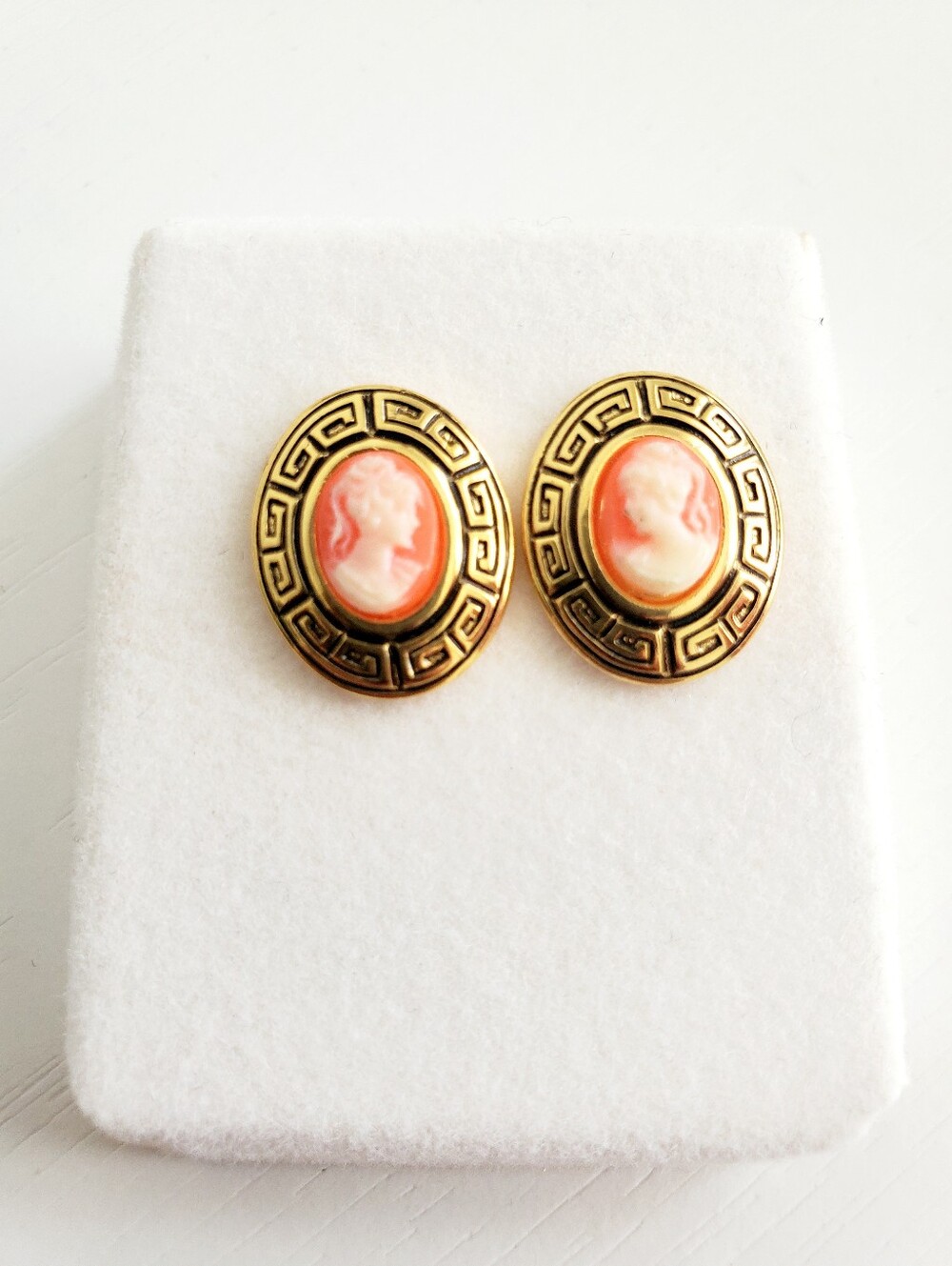 Gold-Tone Coral Cameo Oval Stud Earrings- Vintage